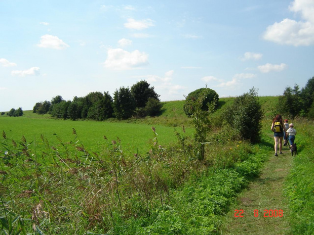 Dawny nasyp odchodzący od stacji końcowej skręcał ostrym łukiem w lewo. W oddali widać nasyp pnący się na wał przeciwpowodziowy teraz częściowo zrośnięty już drzewami.