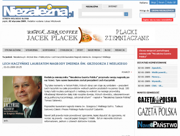 Prezydent Lech Kaczyński i placki ziemniaczane. Screenshot strony niezalezna.pl #LechKaczyński #prezydent #parodia #PlackiZiemniaczane #śmieszne #polityka #PiS