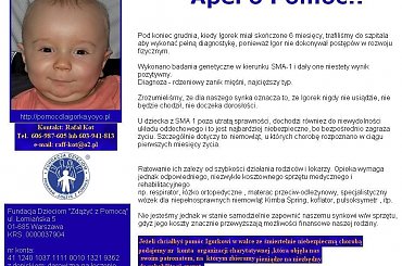 http://pomagamy.dbv.pl/ #IgorKot #RdzeniowyZanikMięśni #Apel #ChoreDzieci #darowizna #schorzenie #FundacjaDzieciomZdążyćZPomocą #OpiekaRehabilitacyjna #Fiedziuszko #fundacja #PomocCharytatywna #PomocDzieciom #PomocnaDłoń #rehabilitacja #pomoc